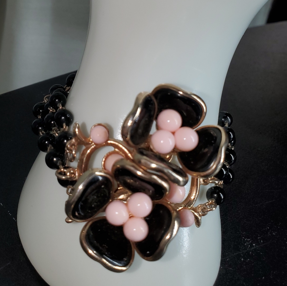 Vintage Glass Bead Flowers Corsage Multi Strand Bracelet Black And Baby Pink 8"